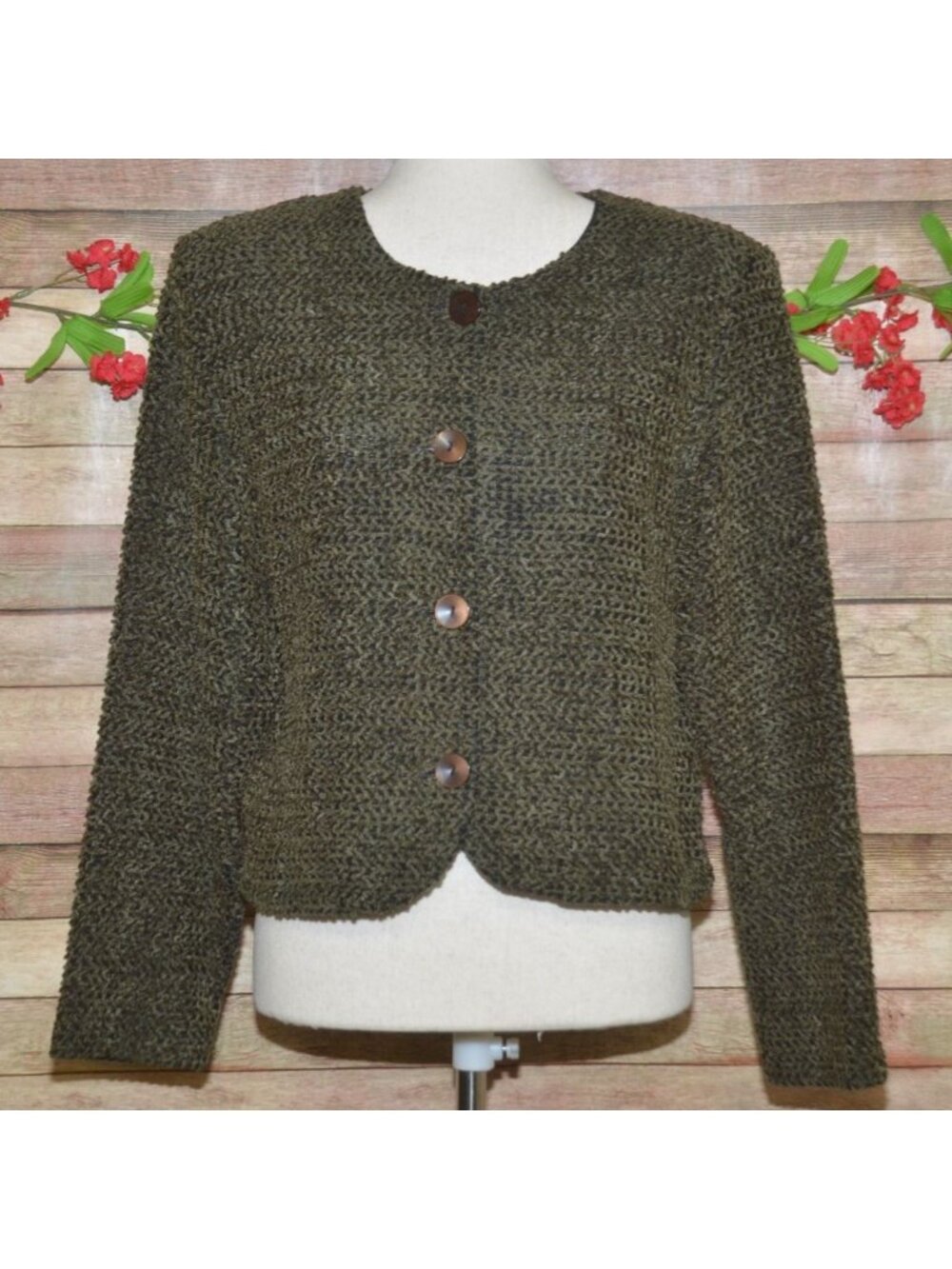 VTG 90s First Option Chenille Jacket Womens M Olive Green Boxy Cropped USA